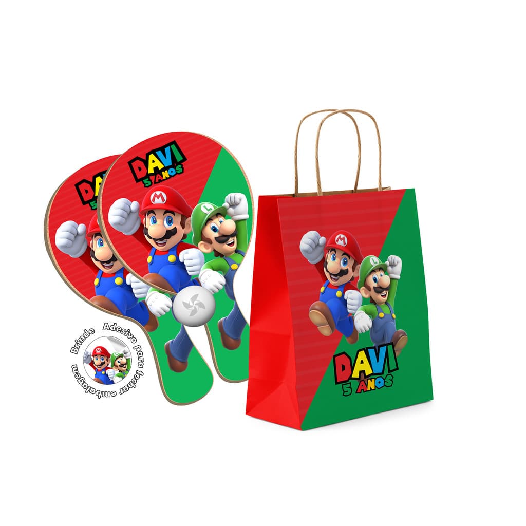 7/10/15/20/25 Kit Sacola de Papel e Raquete Ping Pong - Super Mario Bros