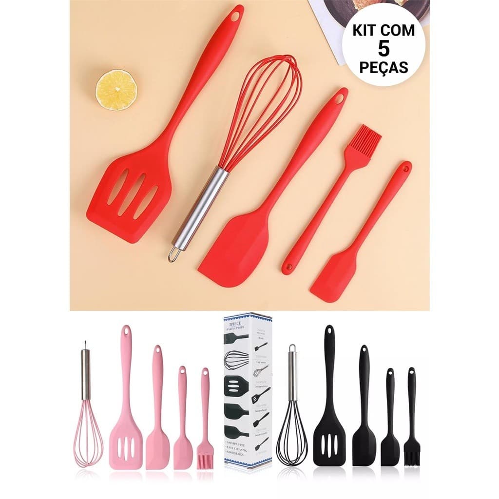 Kit Com 5 Utensílios De Cozinha em Silicone Batedor Espátula Pincel Fouet Fuê Raspador Antiaderente