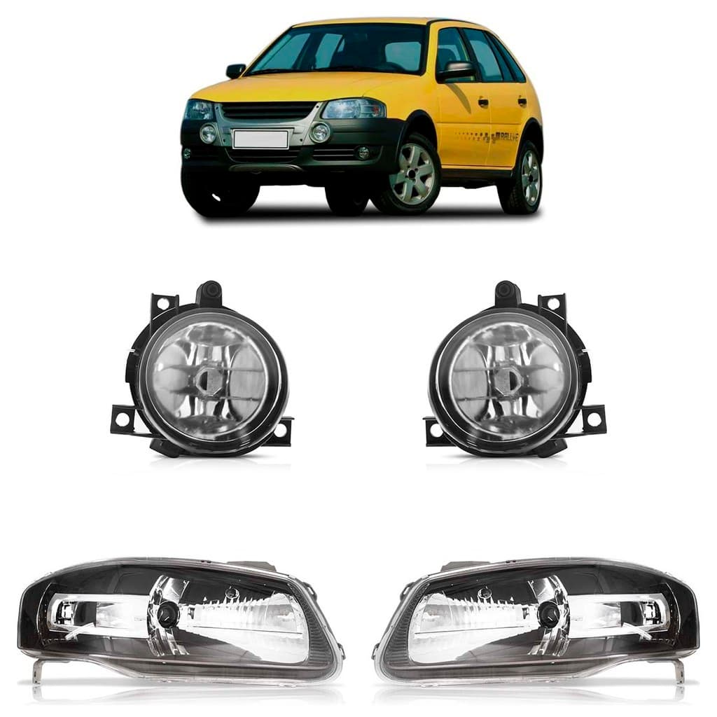 Kit Farol Gol Rallye G4 2006 2007 2008 2009 2010 Máscara Negra Friso Cromado + Par Farol de Milha