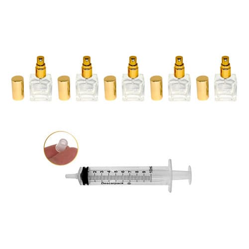 5 Frascos De Vidro 10ml Válvula Spray Dourada + Seringa Com Adaptador