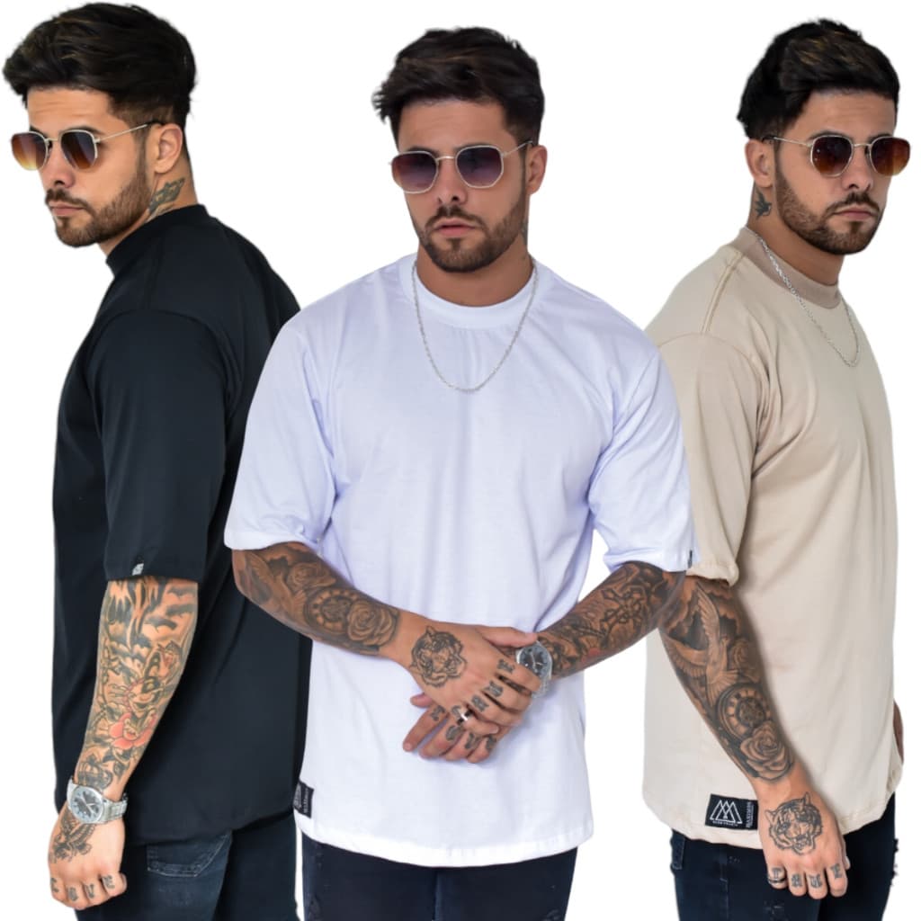 Kit 3 Camisetas Masculina Oversized Streetwear Gola Alta Algodão Básica Lisa Casual