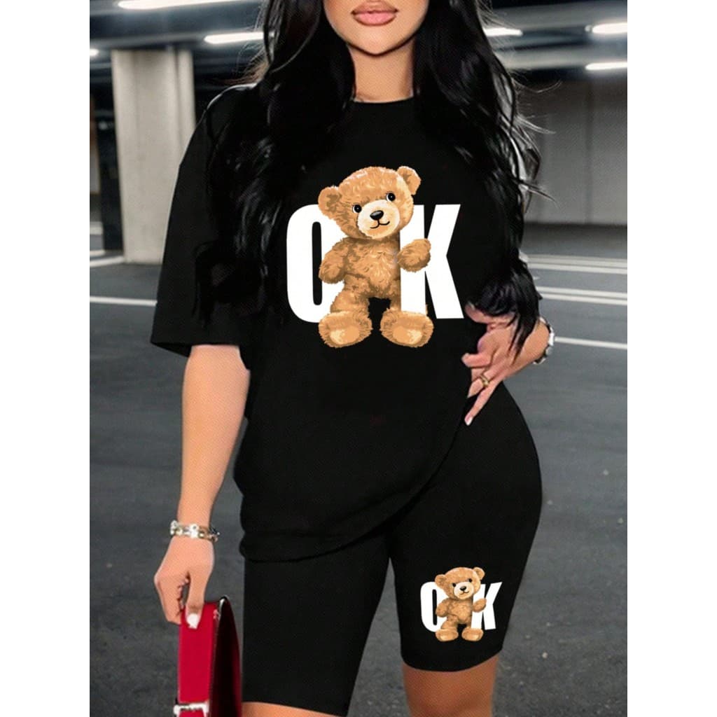 conjunto camiseta e Shorts Leggings feminino urso ok Cintura Alta Bermuda Meia Coxa Fitness zero transparência