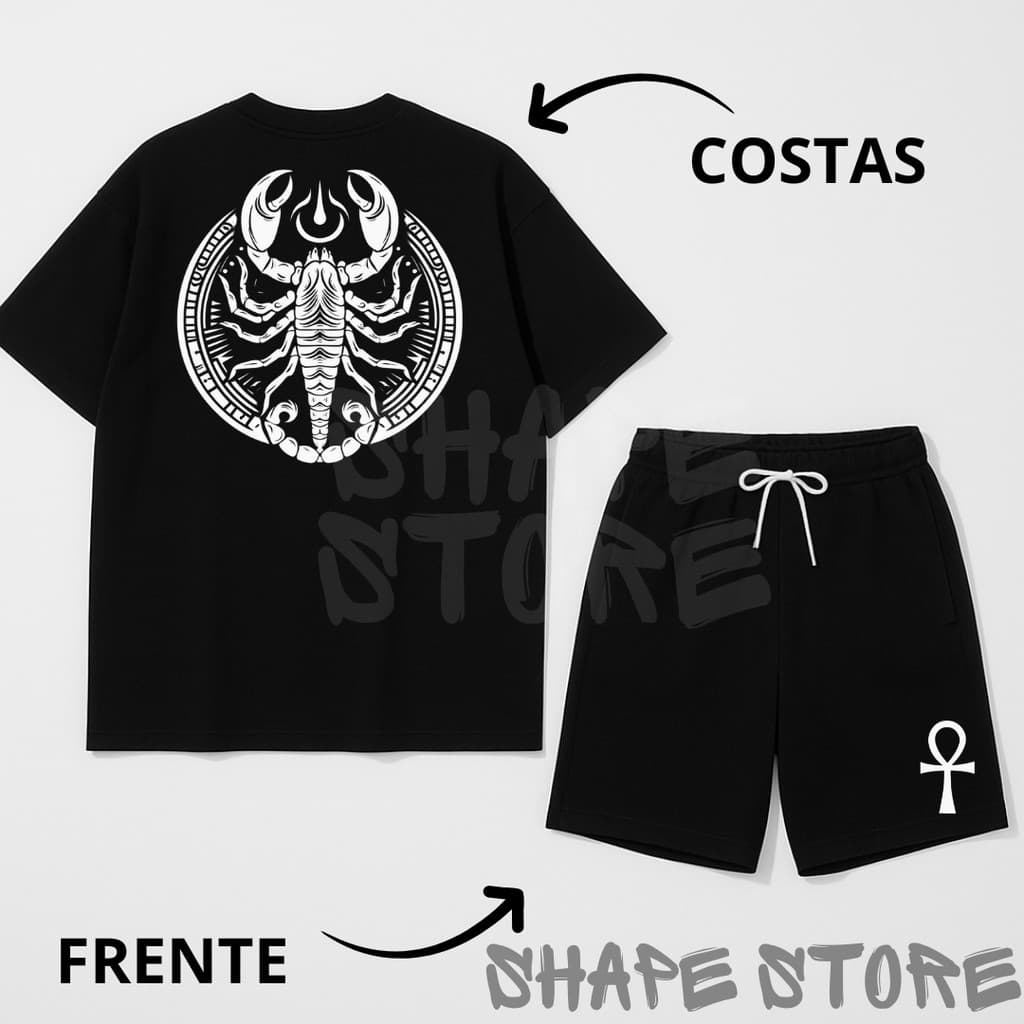 conjunto camiseta oversized bermuda tactel estampada escorpião egipcio