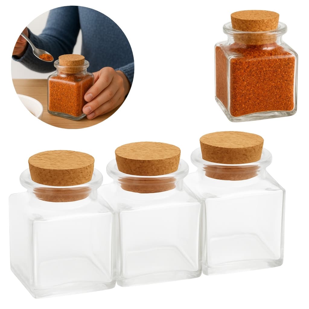3 Porta Condimentos Tempero Quadrado de Vidro 50 ml C/ Rolha