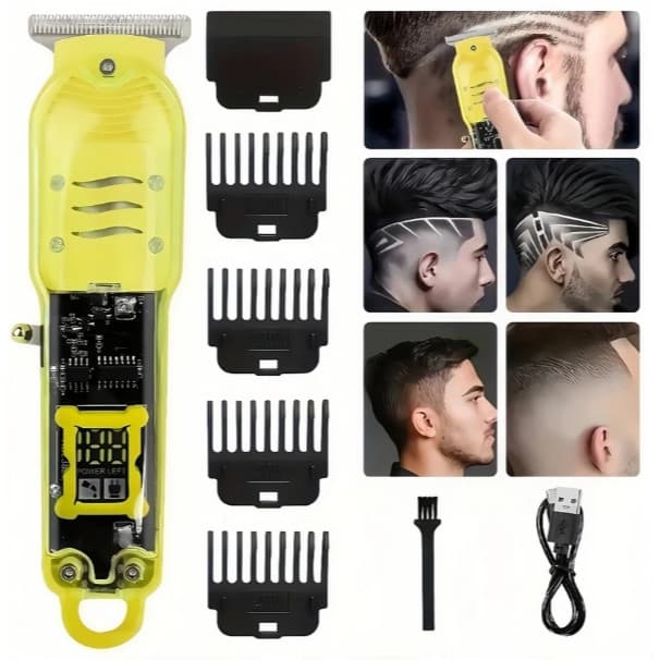 Cortador de Cabelo Profissional Sem Fio com Display LCD Inteligente e Barbeador Transparente para Homens