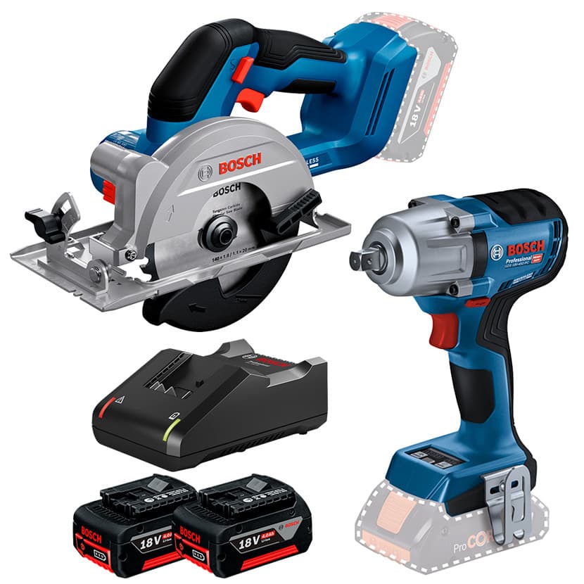 Kit Chave de Impacto 1/2" GDS 18V-450 PC + Serra Circular 5.1/2" GKS 18V-51 + 2 Bateria 4Ah + Carregador Rápido Bosch