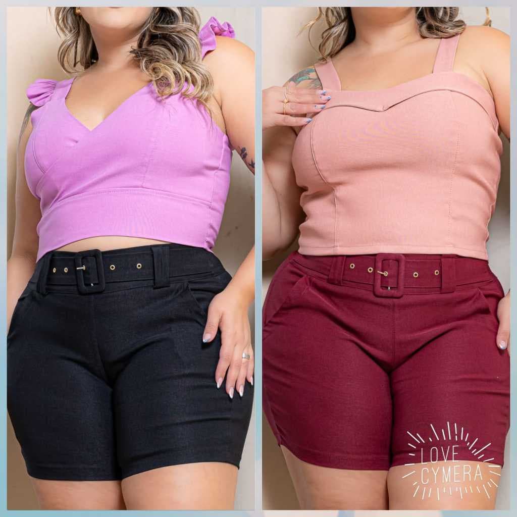 kit2 Shorts Social feminino Plus Size com cinto meia coxa  Bengaline  elastano veste 42 ao 52