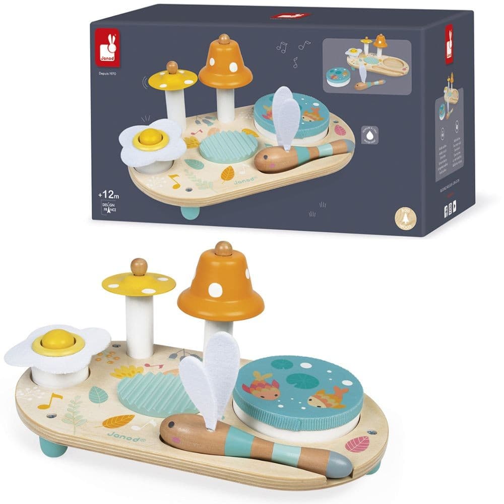 Mesa Jardim Musical Pure 5 Instrumentos Infantis de Madeira com Bastão Libélula e Sons Divertidos