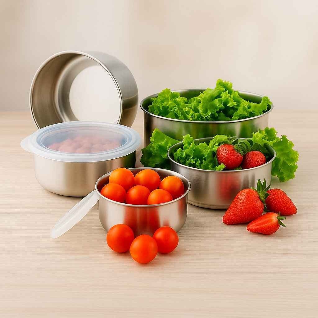 Potes Herméticos Inox 5 Peças Armazena Alimentos Organizador Cozinha Viagem Conserva Presente