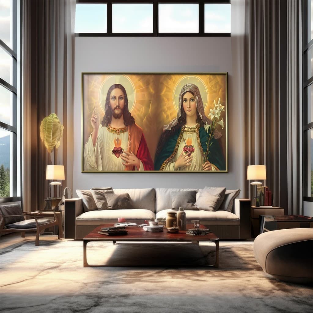 Quadro Decorativo GRANDE Alta Resolução Para Sala Quarto Escritório Coração de Jesus e Coração de Maria