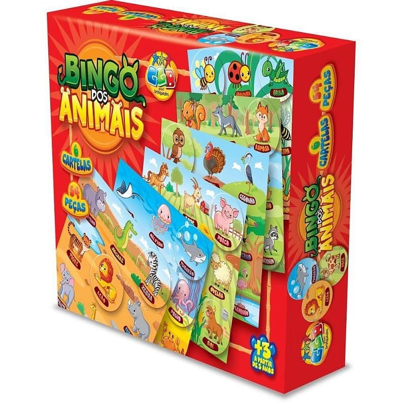 Jogo de Bingo Bingo dos Animais 54 Peças com 6 Cartelas