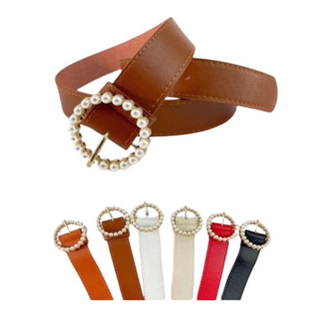Cintos Femininos Coloridos Com Fivela Redonda Detalhe em Pérolas Para Passeios Casual Grosso MZS-085