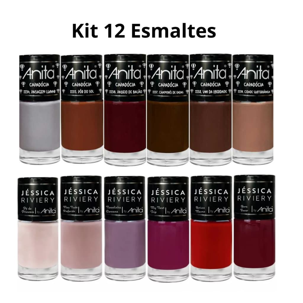 Kit 12 Esmaltes Unha  Anita Coleção Capadócia + Jessica Riviery - Longa Duração e Alta Cobertura