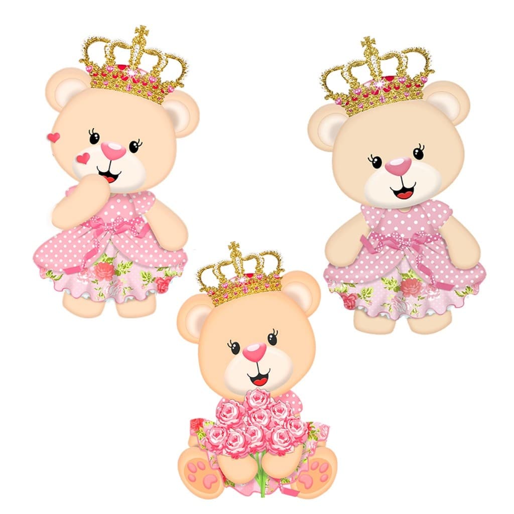 Kit 3 Totens Display MDF Adesivado Ursinha Princesa Rosa 25cm