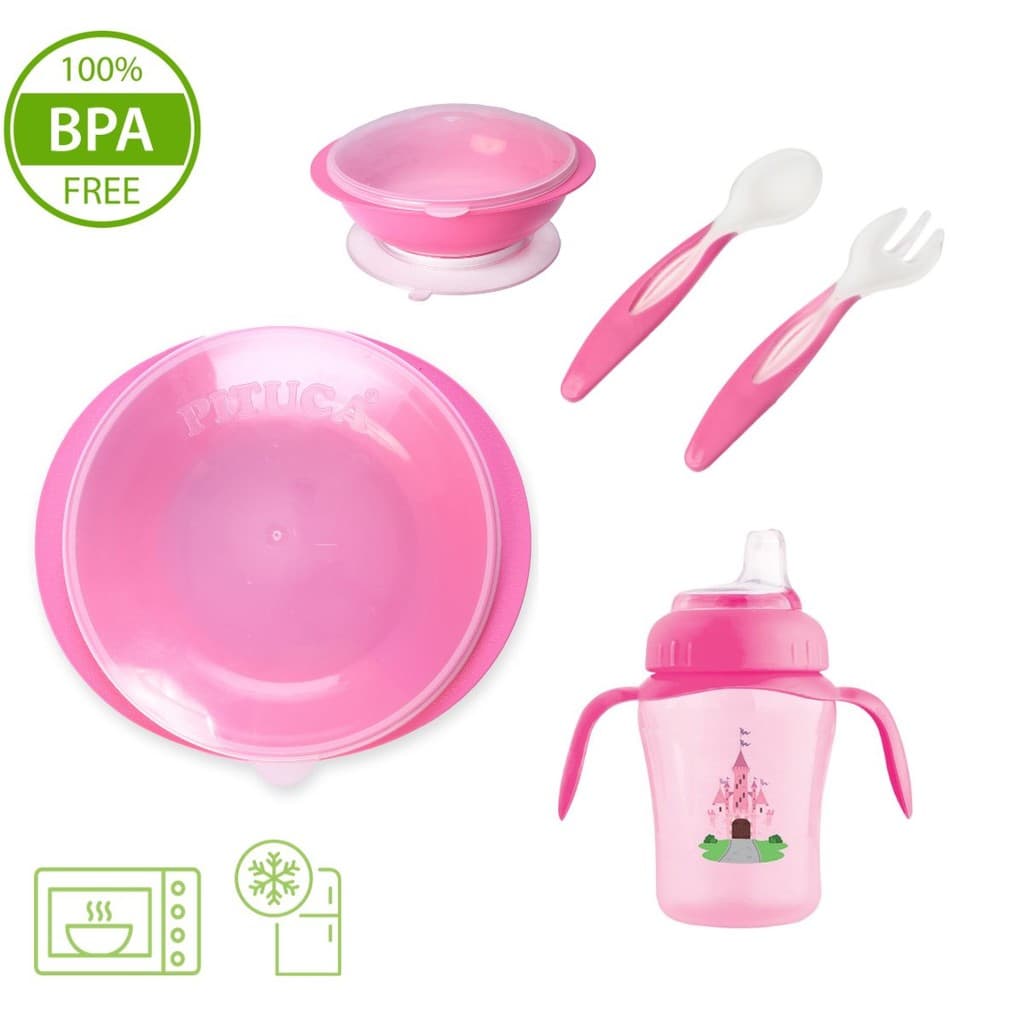 Kit Refeição c/ Prato c/ Tampa e Ventosa + Copo Antivazamento Bico Silicone
