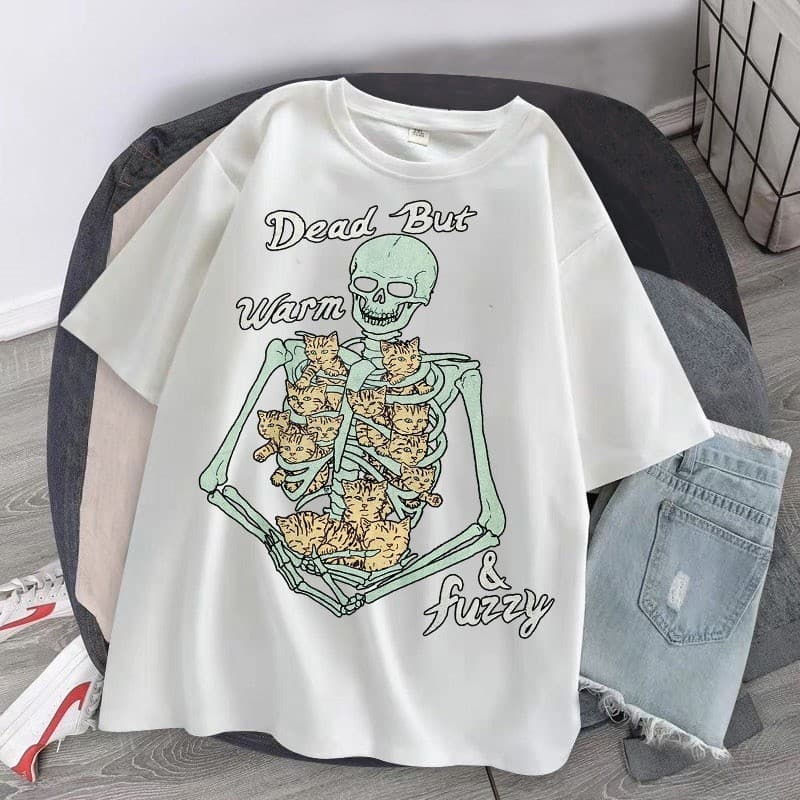 Camisa Camiseta Básica Esqueleto com Gatos plus Size Roupa Bts kpop