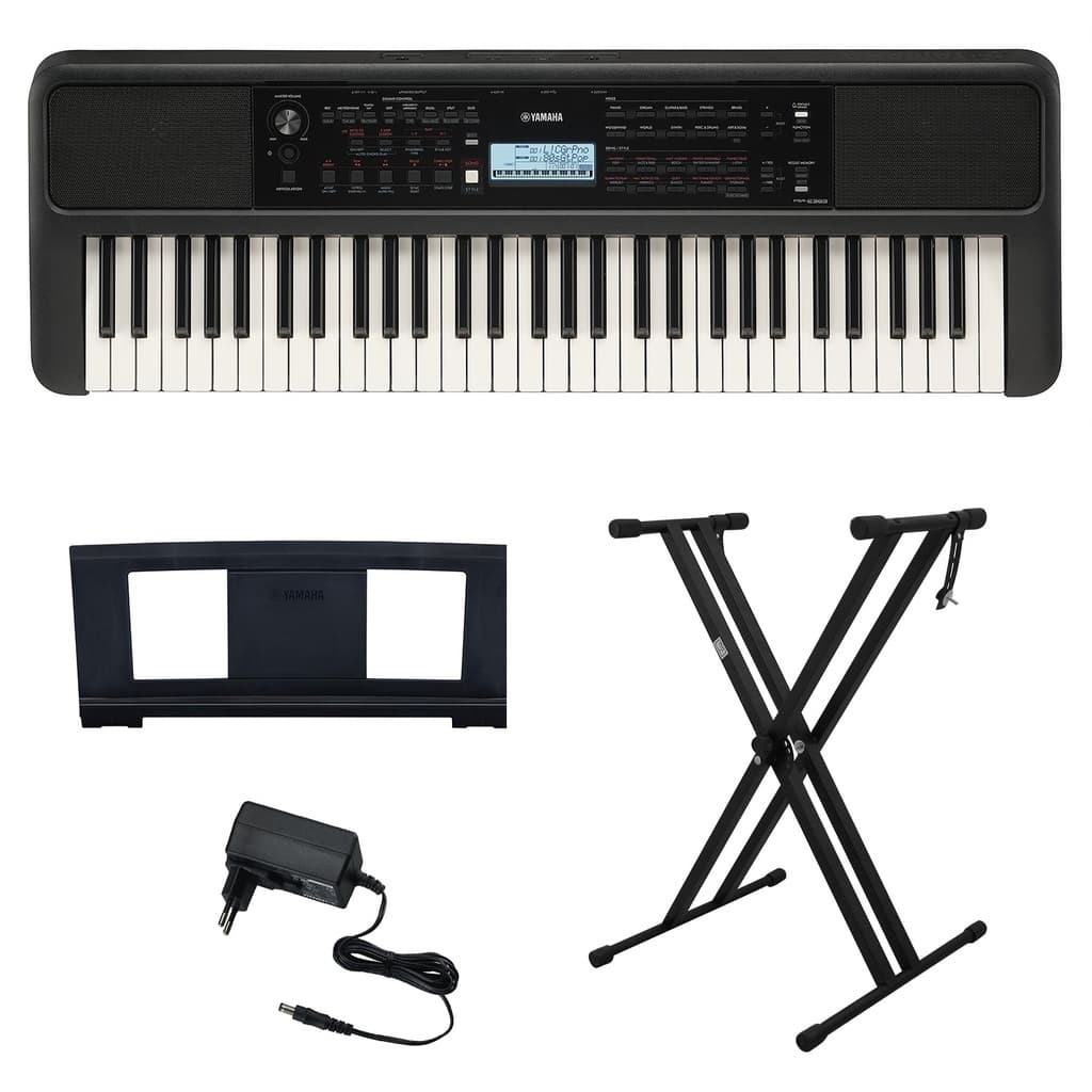 Kit Teclado Arranjador 61 Teclas PSR E383 com Fonte Bivolt Yamaha e Suporte em X