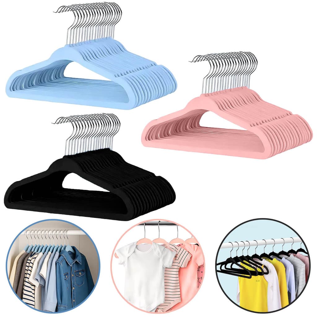 Conjunto 30 Cabides Kit Infantil Veludo Criança Ultrafino Com Gancho 360° Cromado