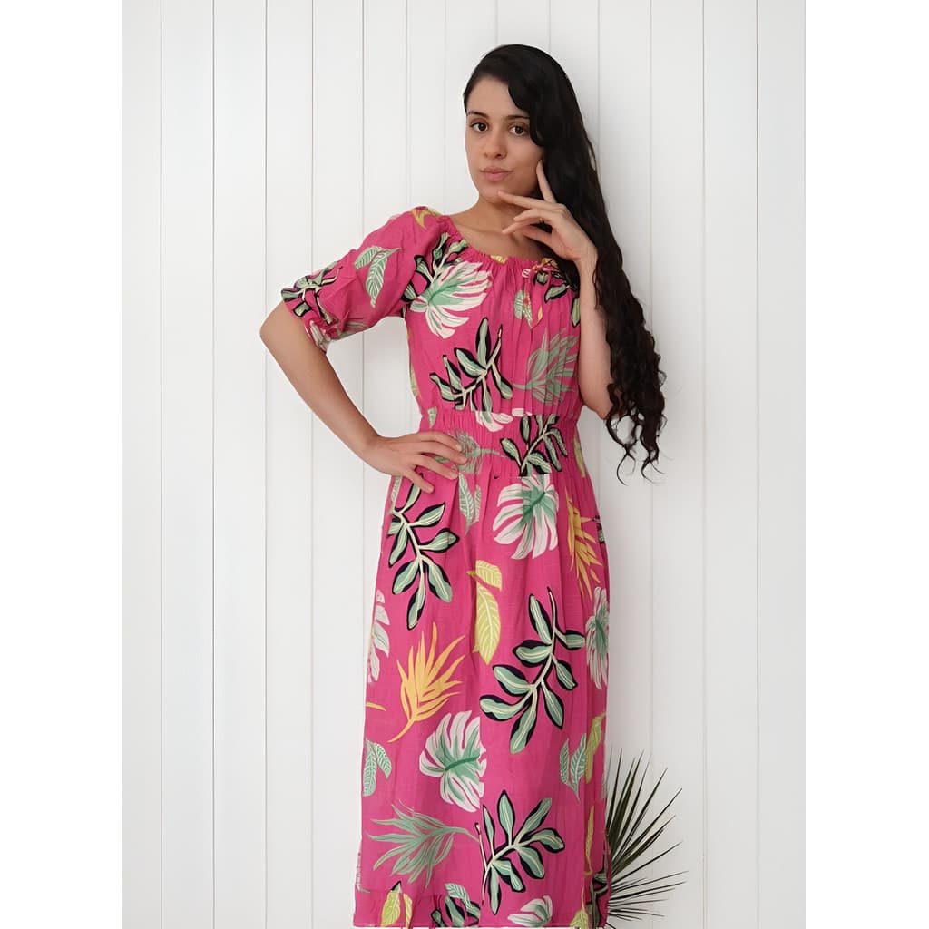 Vestido Longo Rosa Estampado Folhagem Com Manga 3/4