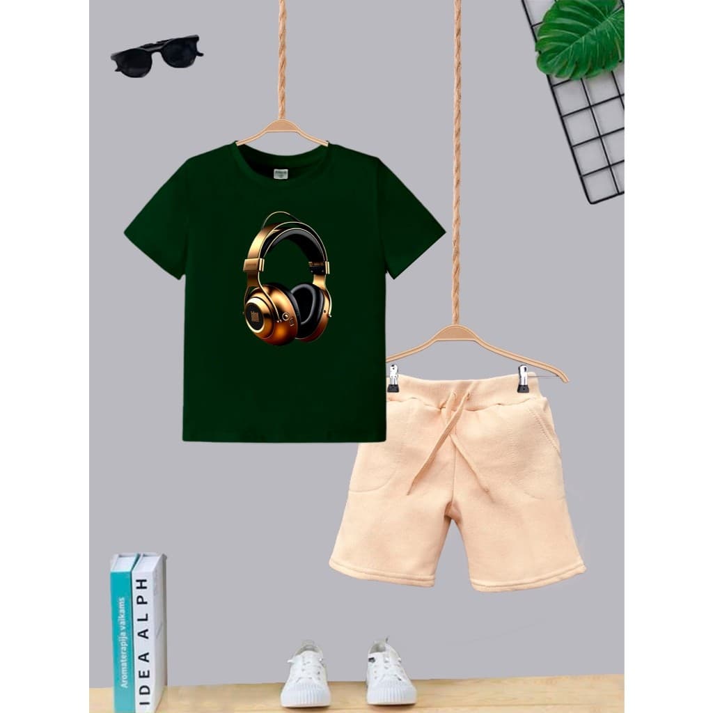 Conjunto Bermuda Bege Com Bolso + Camiseta Algodão Fone Dourado Moda Infantil Kids Juvenil