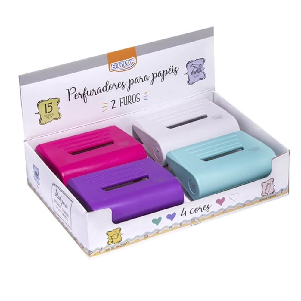 PERFURADOR DE PLÁSTICO 2 FUROS P/ ATÉ 15 FOLHAS - 1 UN - BRW