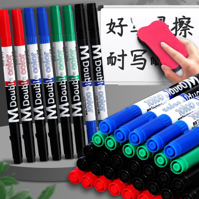 Caneta para quadro branco de duas cores de duas cabeças, grande capacidade, fácil de apagar