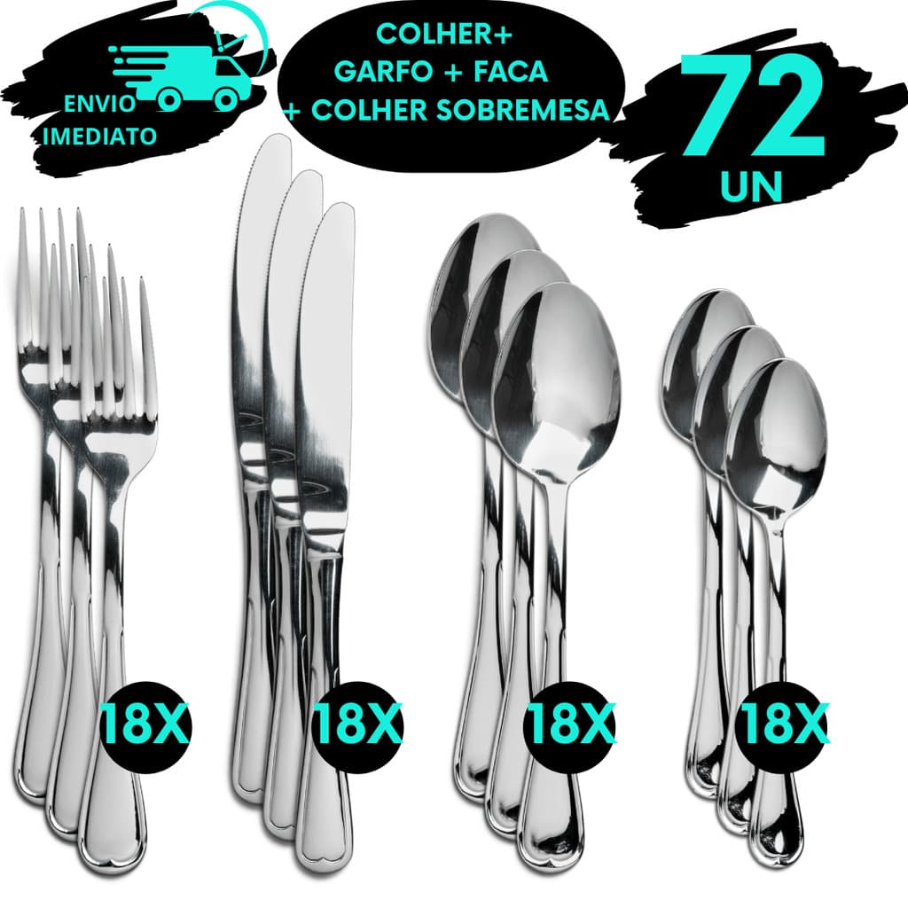 Jogo 72 Talheres Inox Garfo Faca Colher e Colher Sobremesa Elegância e Qualidade na Sua Mesa