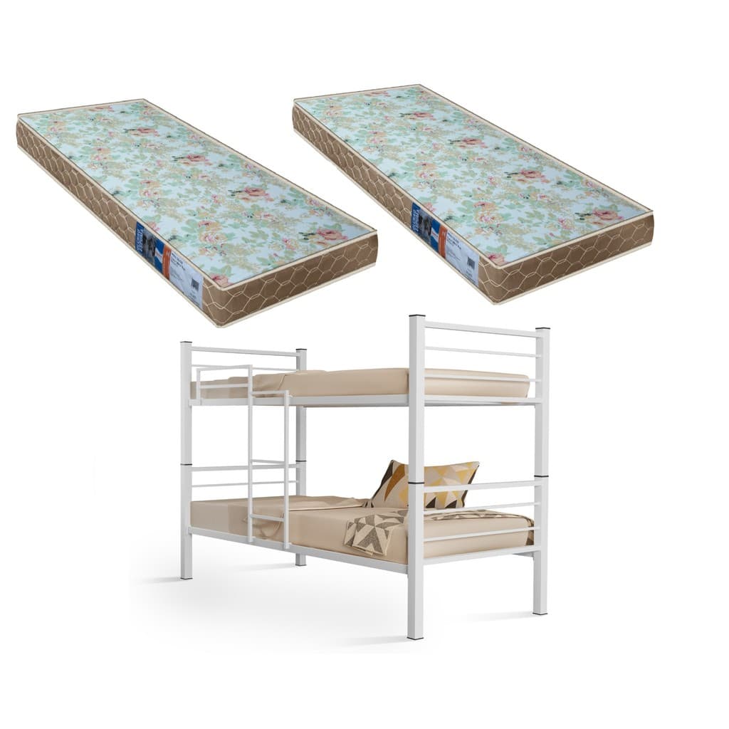 Beliche 100% Ferro/Aço Cristal Vira 2 Camas  C/grade Proteção e Escada + 2 Colchões D-23 -Branco