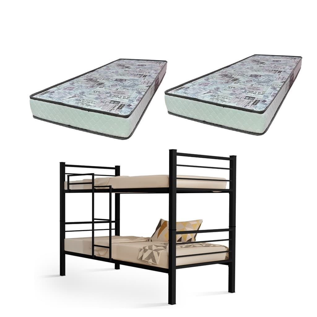 Beliche 100% Ferro/Aço Cristal Vira 2 Camas C/grade Proteção  Escada + 2 Colchões D-23 -Gazin -Preto