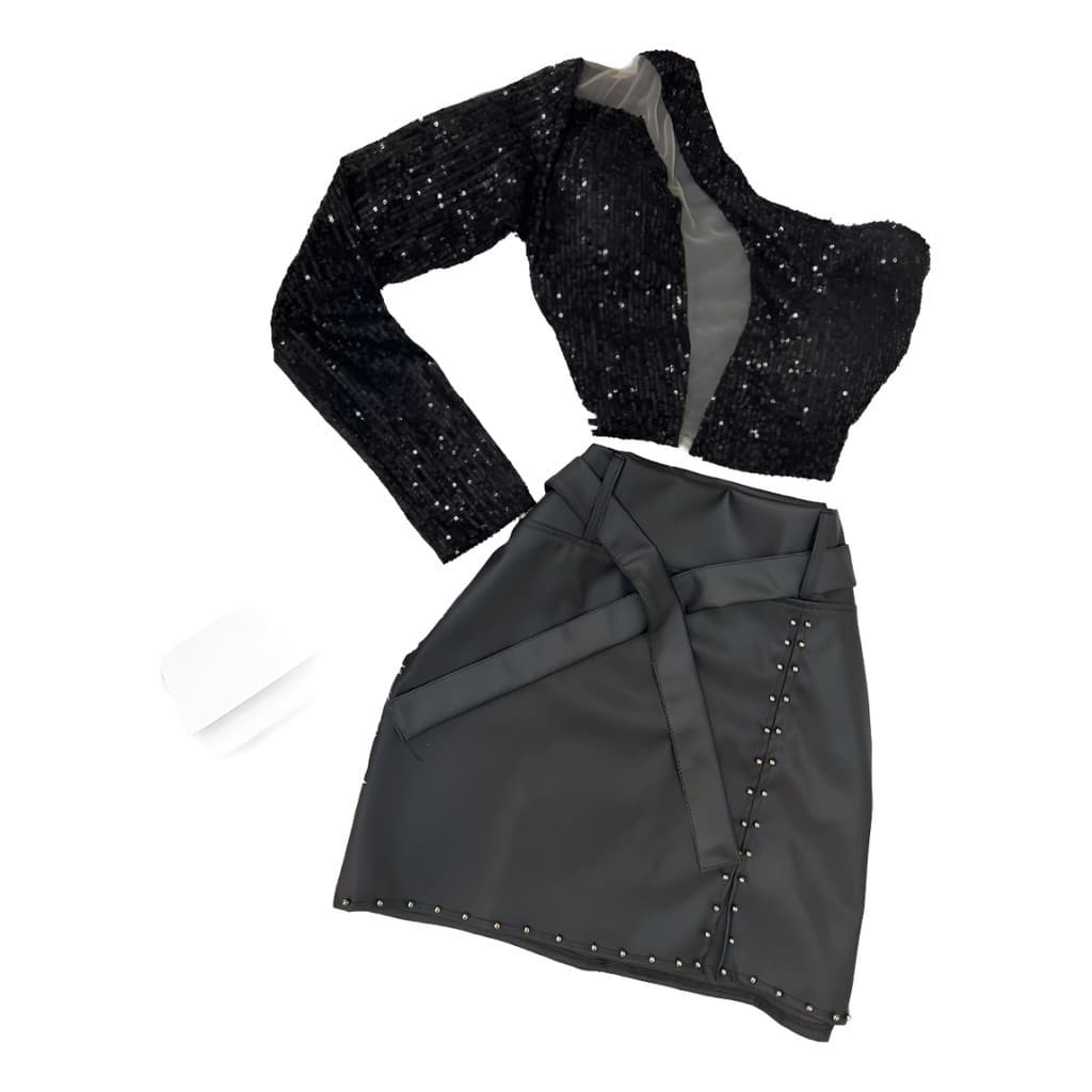 Conjunto Saia Pedraria Com Fenda + Cropped Balada Brilho com detalhe em tule Slim