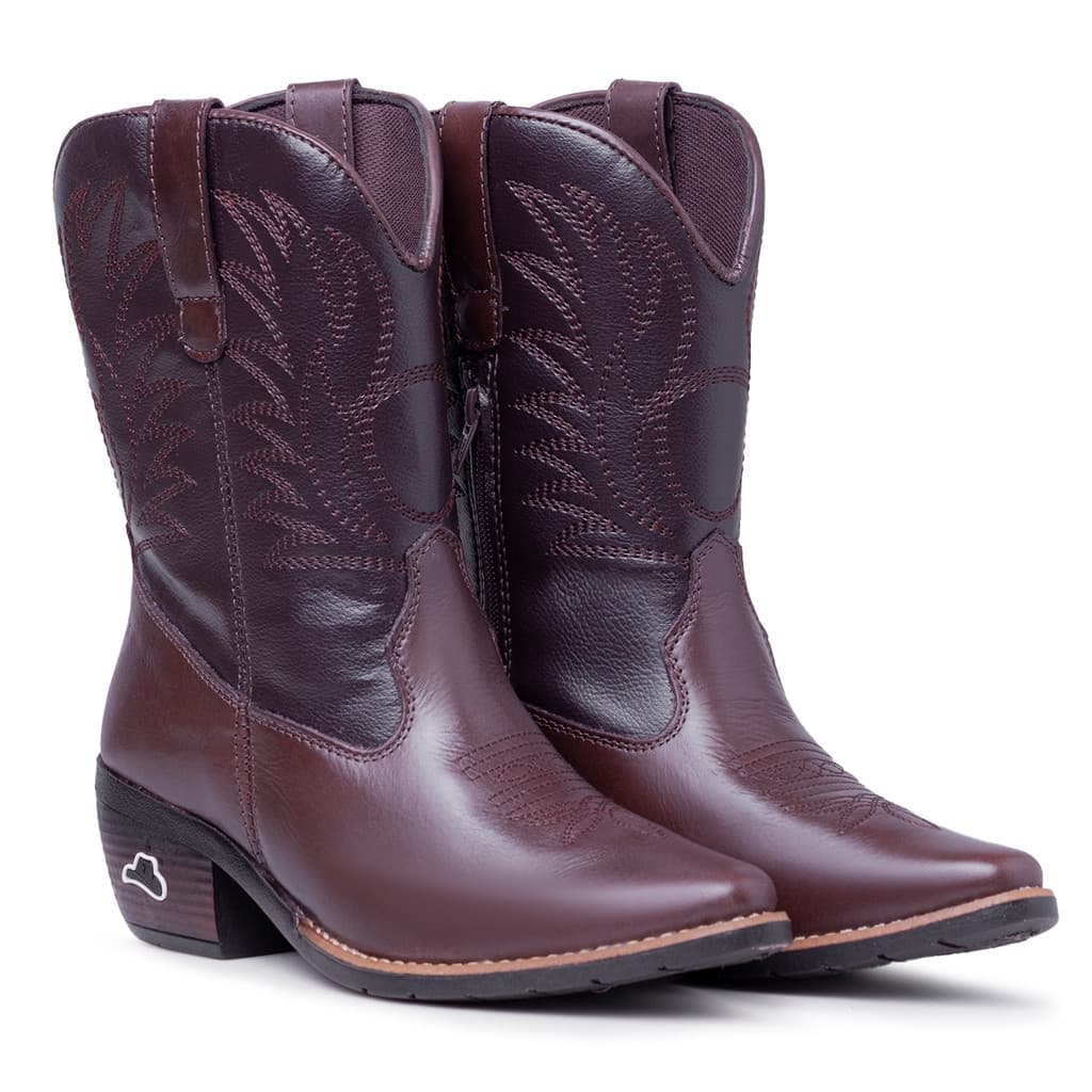 Botina Bota Marrom Chocolate Country Feminina Couro Legítimo Bico Fino Cano Bordado Butina 6758