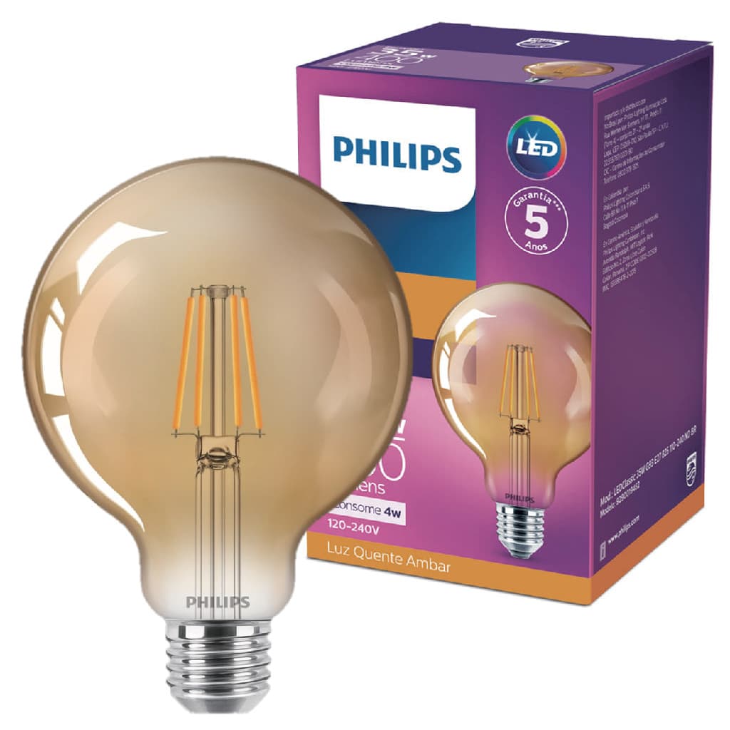 Lampada Led Retro Filamento Globo Philips 4w Luz Quente 2500K