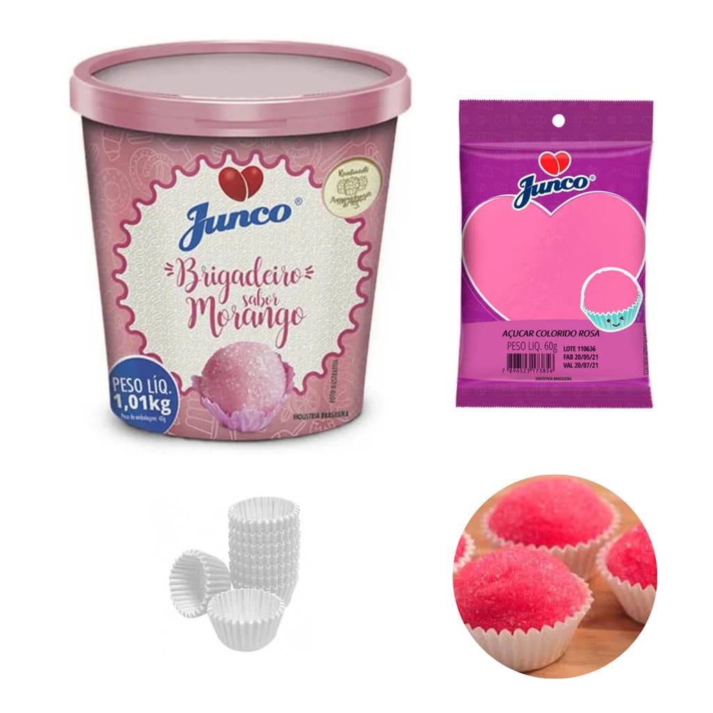 Kit Festa Brigadeiro de Morango para Enrolar + Açúcar Rosa + 100 Forminhas - Doce Bicho de Pé - Rende até 200 docinhos