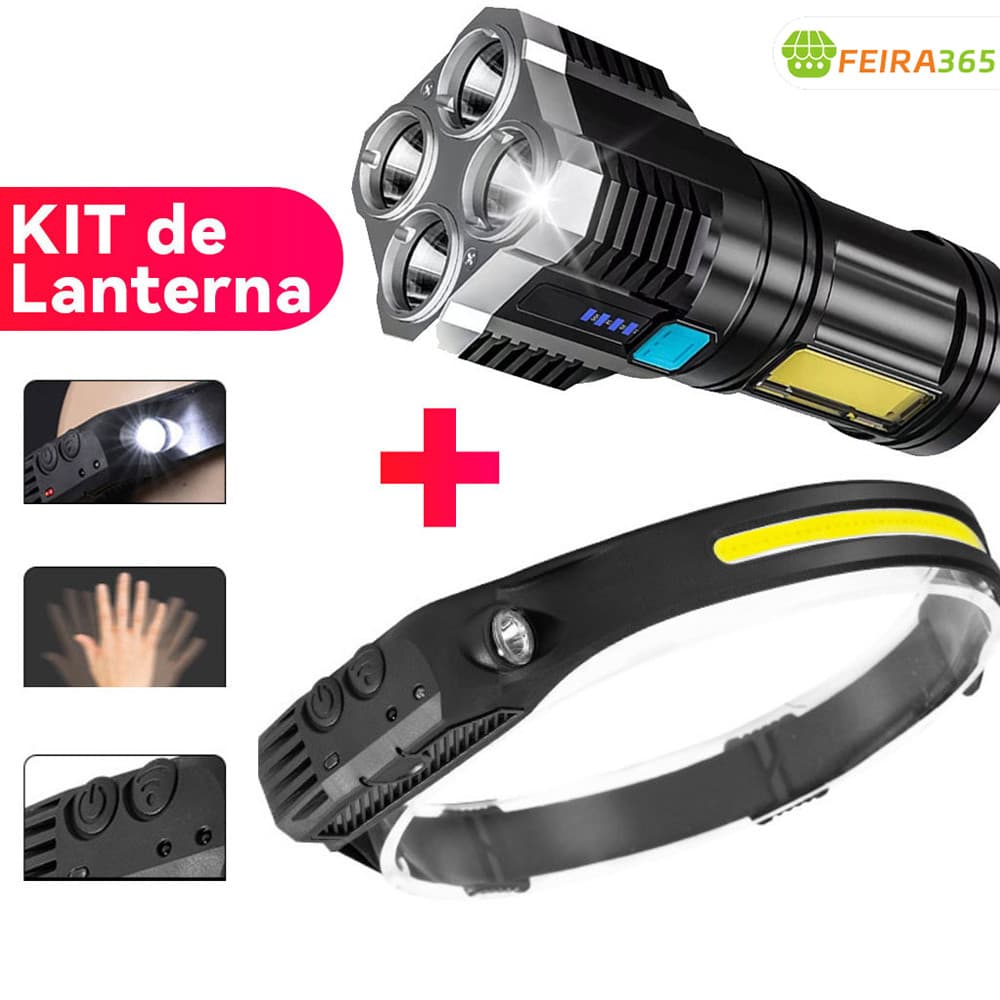 Kit de lanterna tática recarregável + lanterna de cabeça de corpo Led luz de lanterna de acampamento esportivo com USB