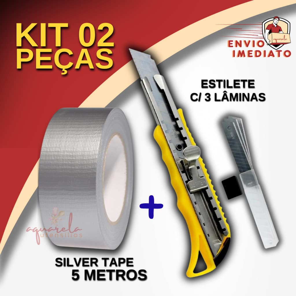 Kit 2 Pçs Estilete Profissional Trava Metal + Fita Silver Tape Multiuso 5 Metros 45mm Resistente Á Prova D'agua Reparos