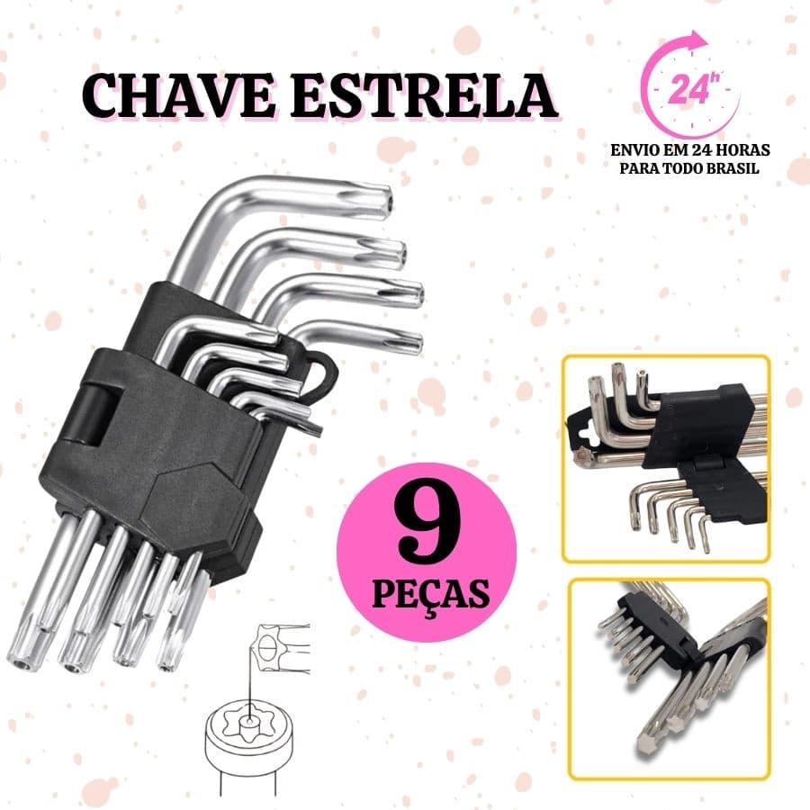 Jogo de Chave Torx Curta Kit com 9 Peças Torque T10 até T50