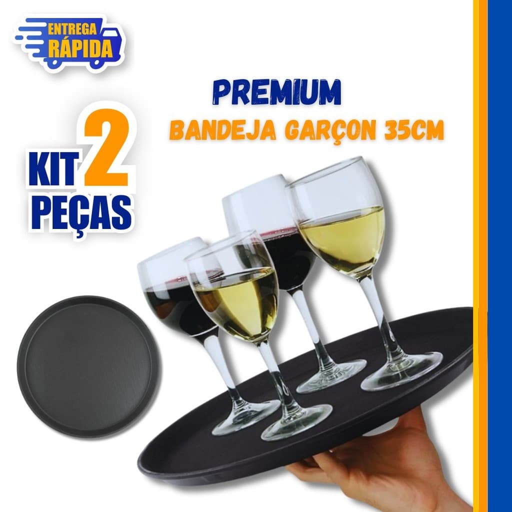 2 Unidades Bandejas de 35cm Profissionais Garçom, Antiderrapante Redonda, Resistente Multiuso Premium