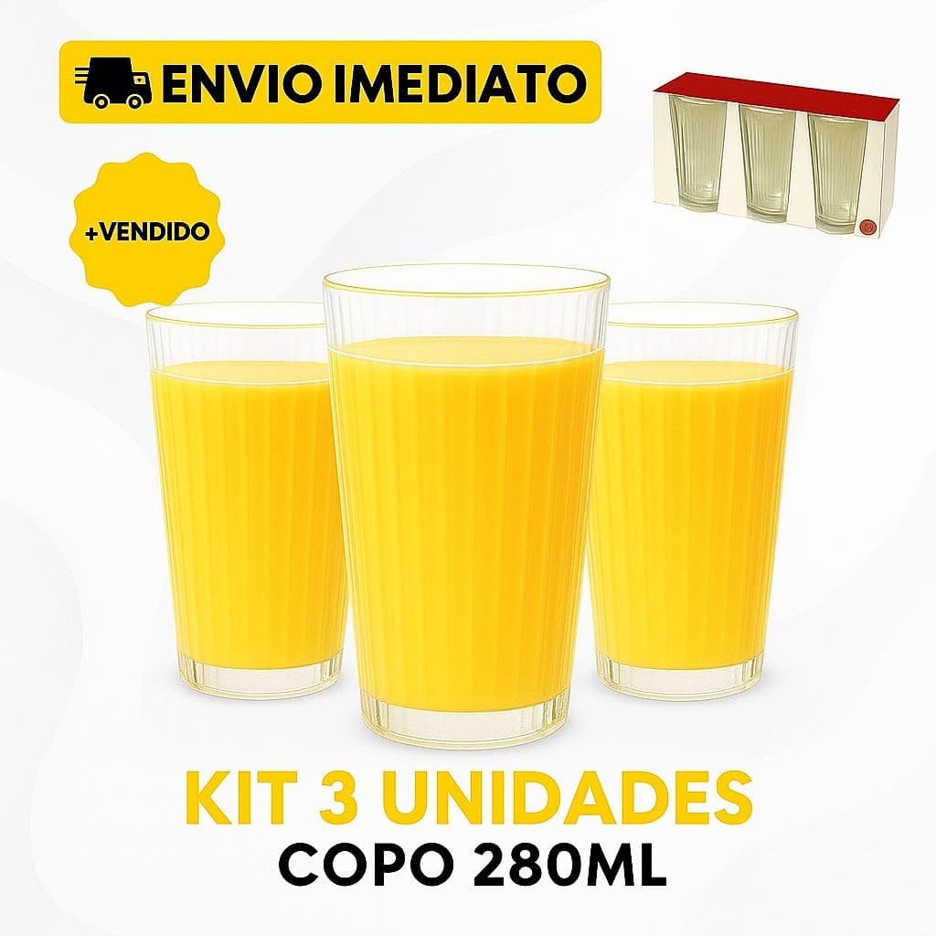 Kit 3 Copos de Vidro Grosso Transparente 280ml Restaurantes Hotéis Drinks Sucos Refrigerantes