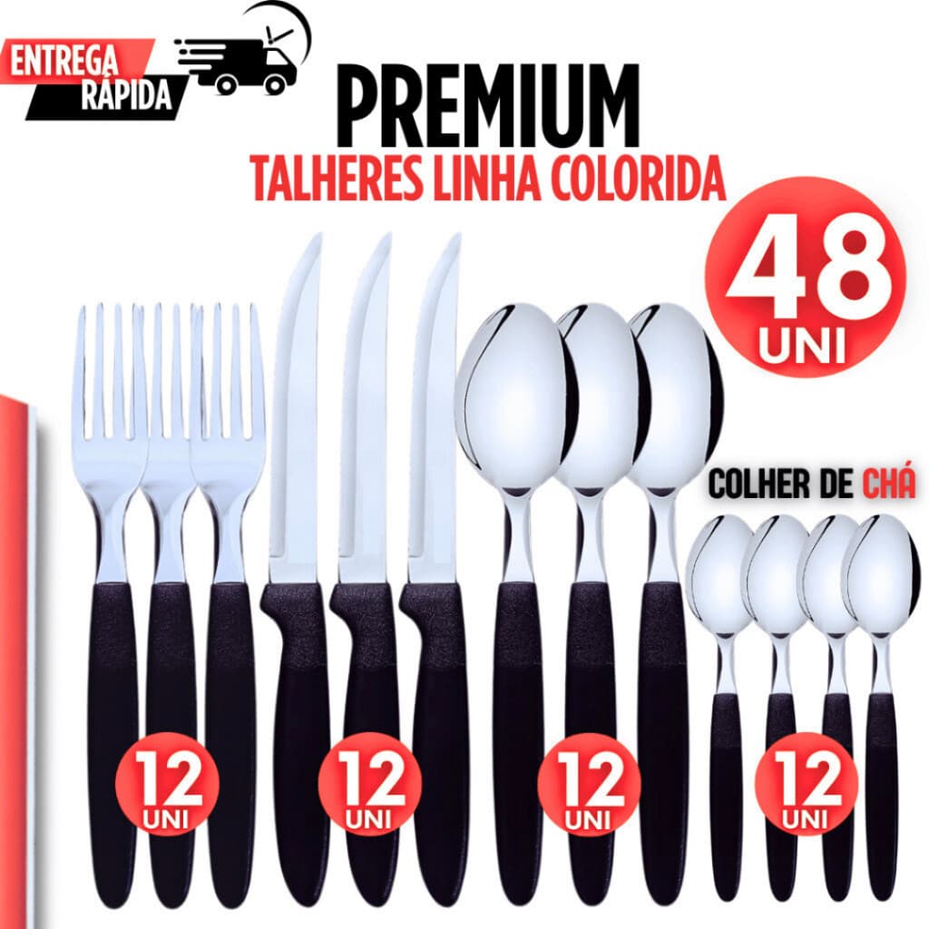 48 Talheres inox cabo de Plástico Preto Inox Premium Garfo Faca Colher Plástico Inox Colher de Chá