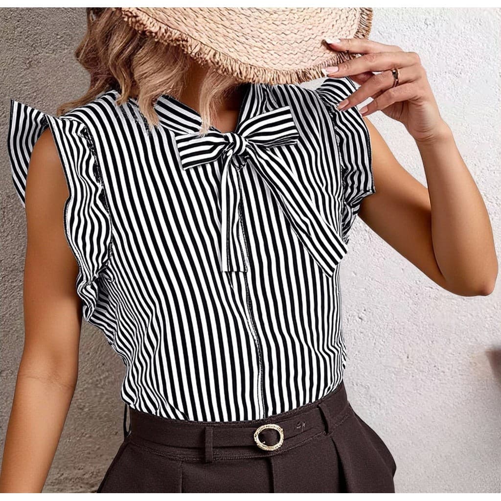 Blusa Regata Feminino Manga Babado Frente Amarrar Listrada