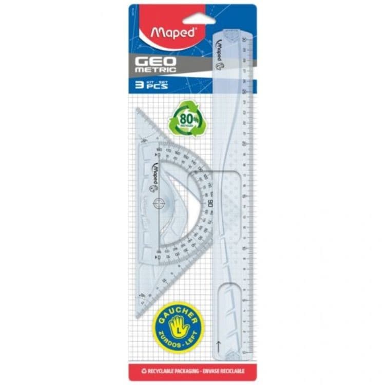 Kit Geométrico P/ Canhotos 1 Régua 1 Esquadro e 1 Transferidor 897118 MAPED