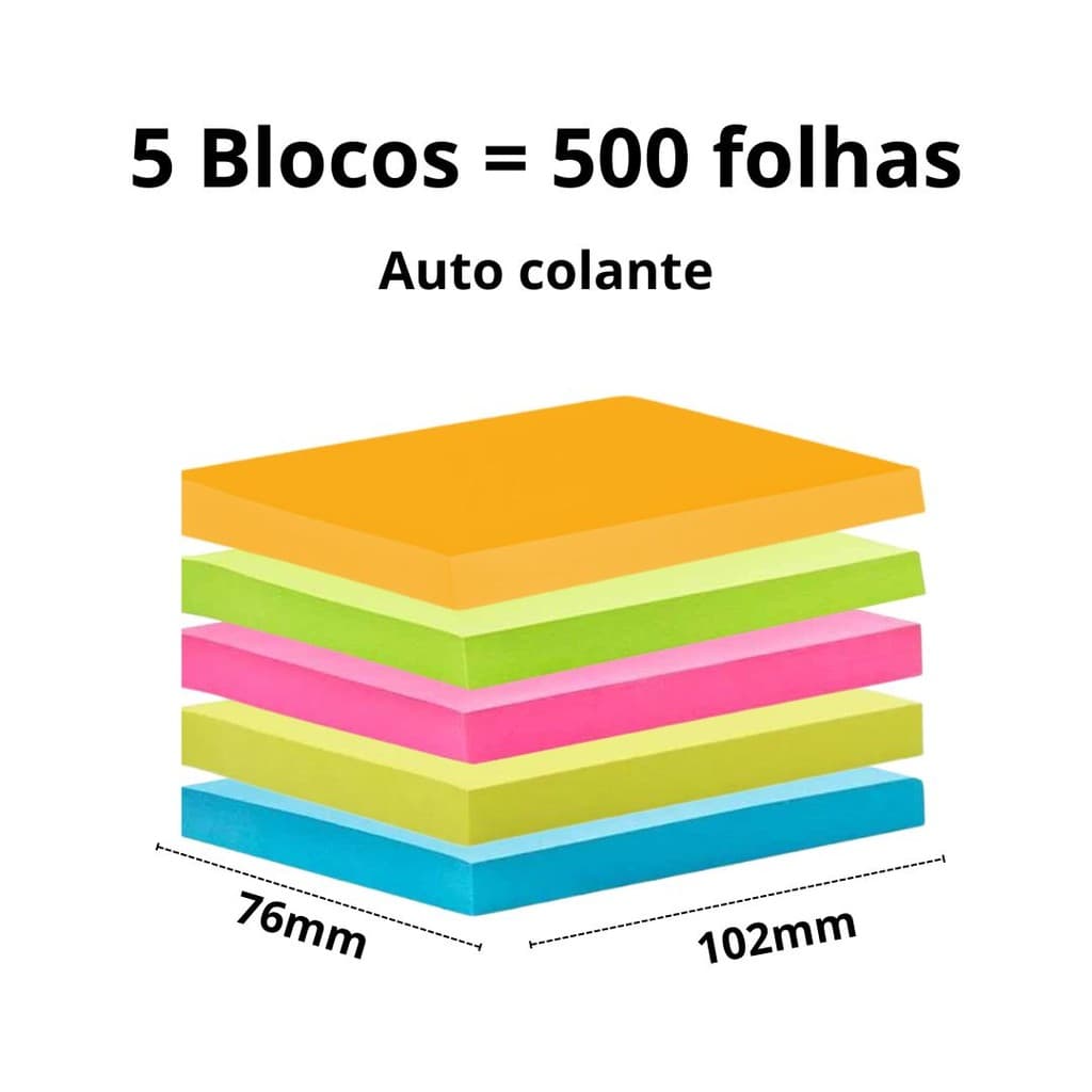 Kit 5 Bloco Adesivo Para Anotação 500 Folhas 76x102mm Cores Neon Colorido Rosa Laranja Verde Amarelo Azul Maxprint Post it