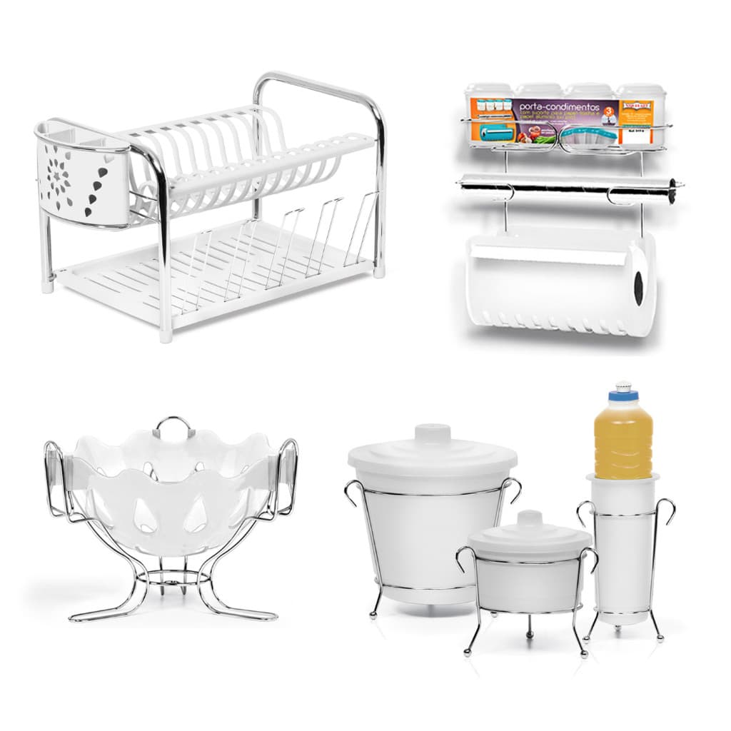 Kit Escorredor de prato copo e talher +Kit De Pia +Fruteira + Porta Condimento Com Porta Papel Cozinha