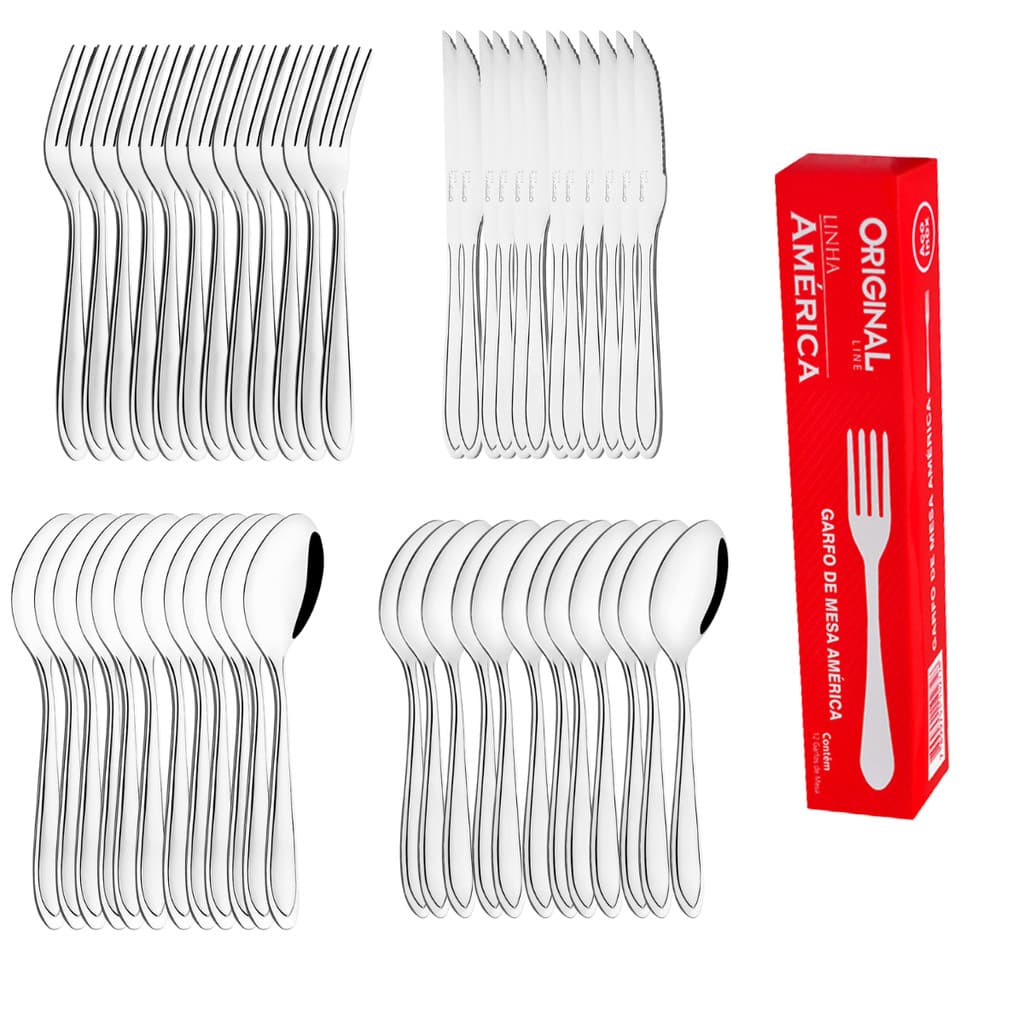 Kit 48 Conjunto de Talheres Garfo Faca Colher e Colher sobremesa Talheres Inox América Original Line Restaurante Laguna