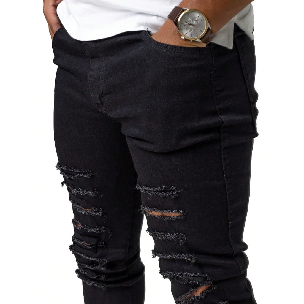 Calça Masculina Rasgada Slim Adulto Preta Barra Feita Bolso Presente Pai