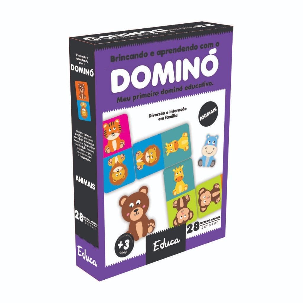 Dominó Animais em MDF 28 Peças – Jogo Educativo Pedagógico Infantil Montessori