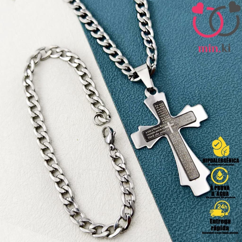 Conjunto de corrente de prata masculina: colar e pulseira de prata com pingente de cruz