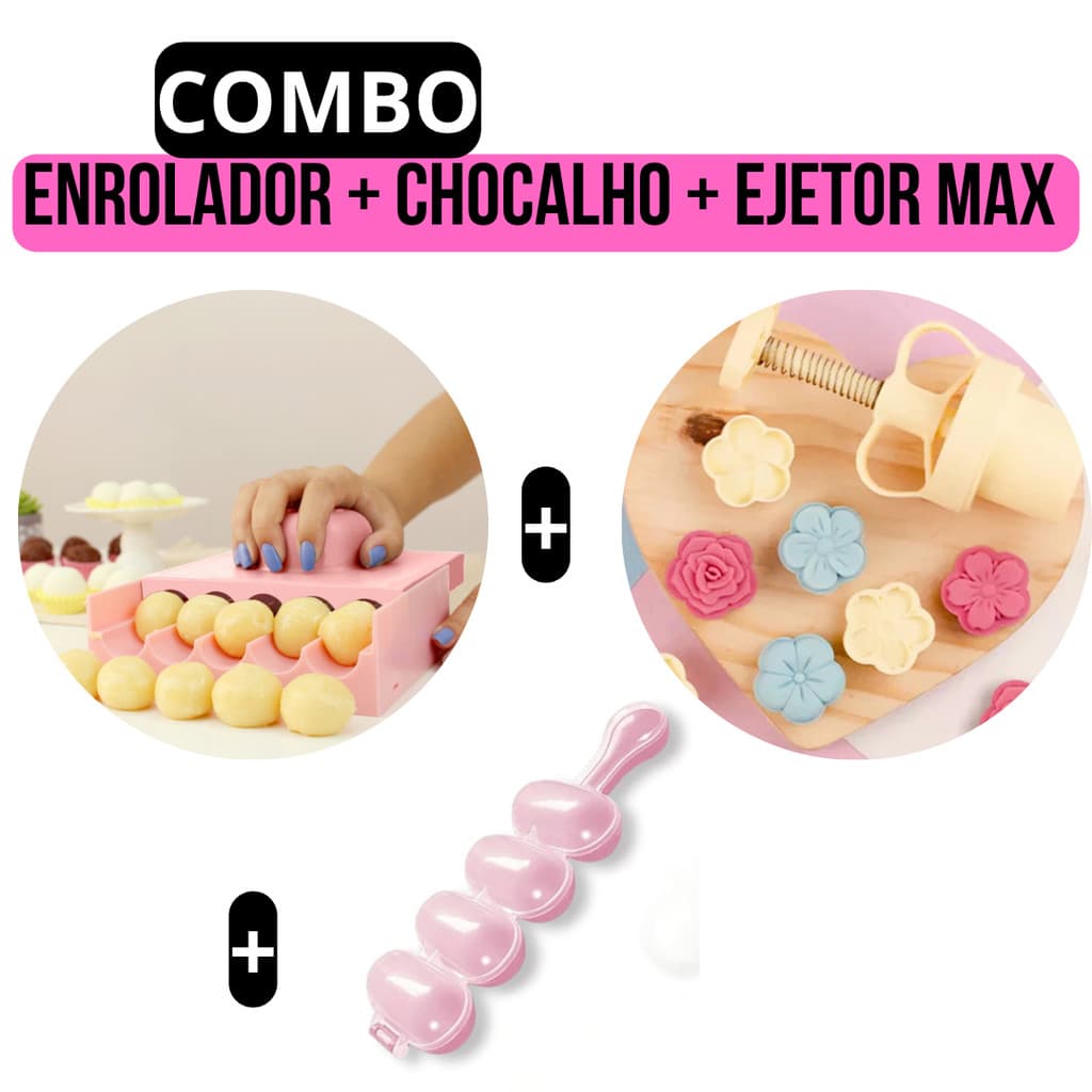 Kit Confeitaria Enrolador Doces 12 16g+ Chocalho Boleador de Beijinhu Brigadeiro + Ejetor Max Flores Coração