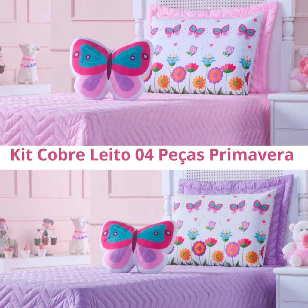 Kit Cobre Leito Primavera Solteiro 04 Peças  Infantil Matelado com Almofada De Borboleta