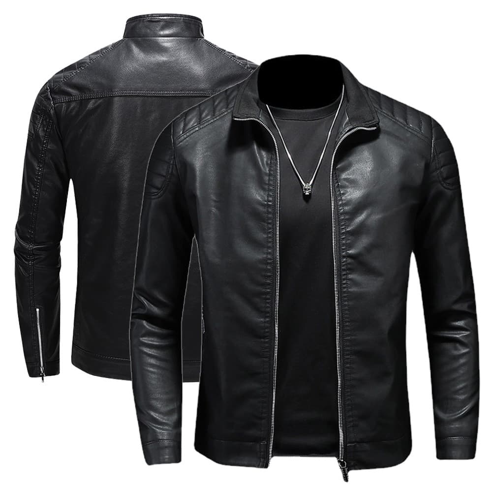 Jaqueta De Couro Preta Masculina Estilo Motociclista Slim Fit